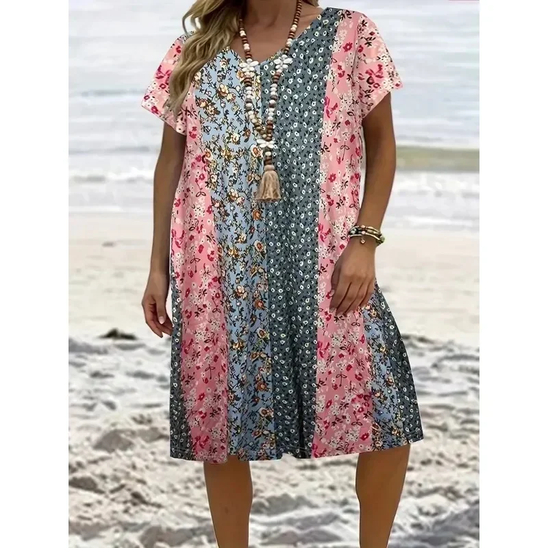 

Plus Size 1XL-5XL Women's Printed V-neck Short Sleeved Jumpsuit Sleeve Loose Straight Tube Skirt Casual Knee Length Skirt
