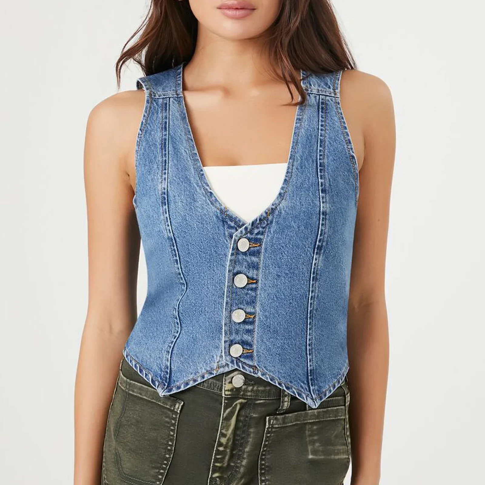 Summer Fashion Denim Vest Vintage Women Sleeveless Button Vest Solid Slim Outwear Gilet Casual Streetwear