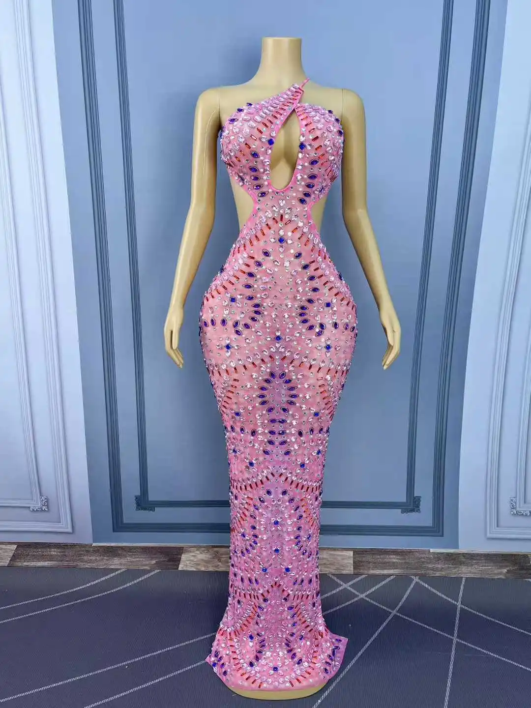 Strass brilhantes malha rosa transparente sem costas vestido longo feminino sexy aniversário celebrar noite vestido de baile sessão de fotos wear