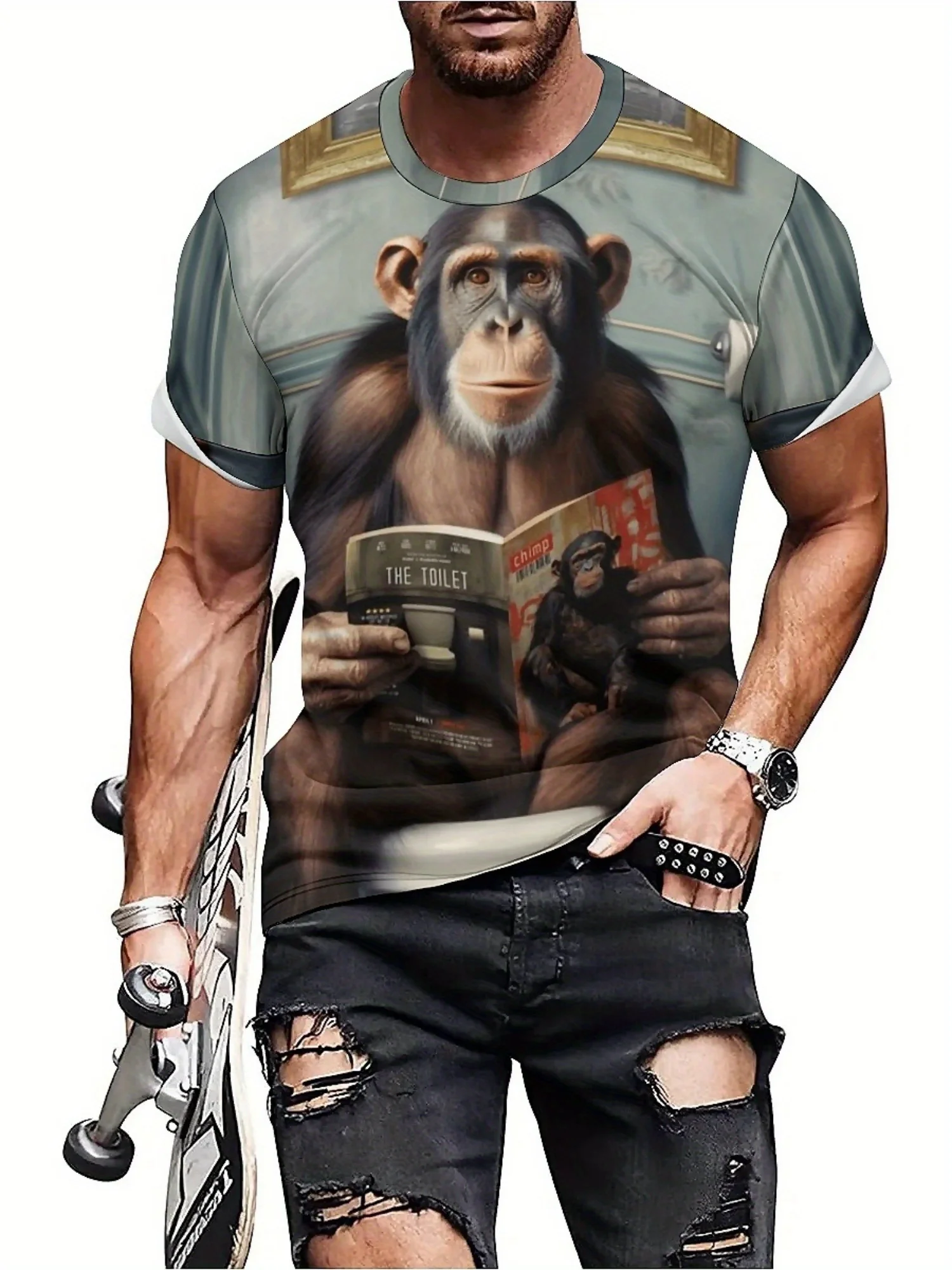 Men's Hip Hop Funny Monkey Reading 3D Graphic T-Shirt - Bold Geometric Print Loose Fit Plus Size Casual Streetwear, Breathable