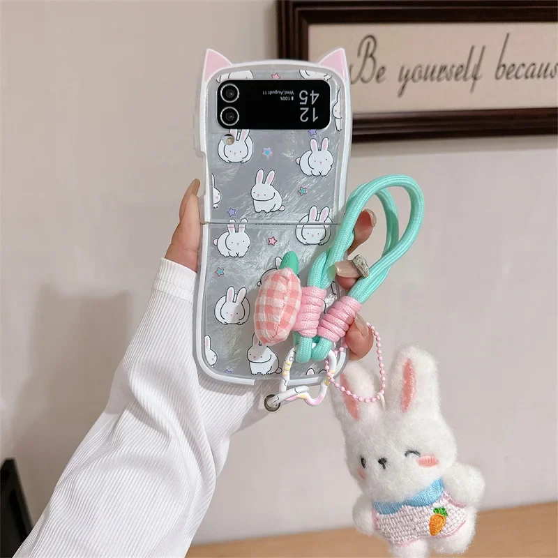 Funda de teléfono con cordón de conejo de felpa para Samsung Galaxy Z Flip 6 5 4 3, funda trasera protectora para ZFlip4 ZFlip5 ZFlip6