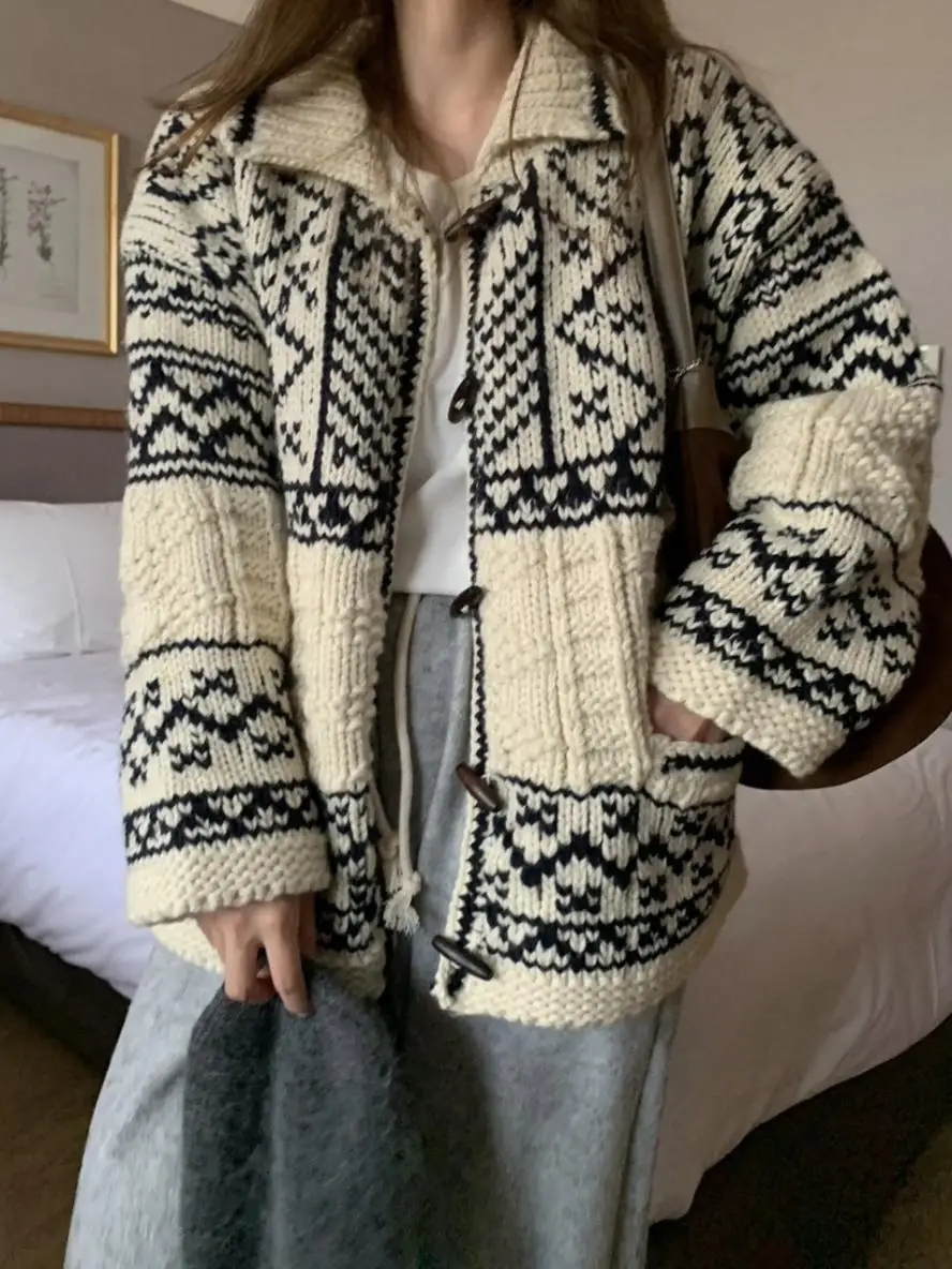 

Thiened Warmth Women's Knitted Sweater Loose Long Sve Collar Abstract Pattern Autumn Winter Faion Outerwear Coat