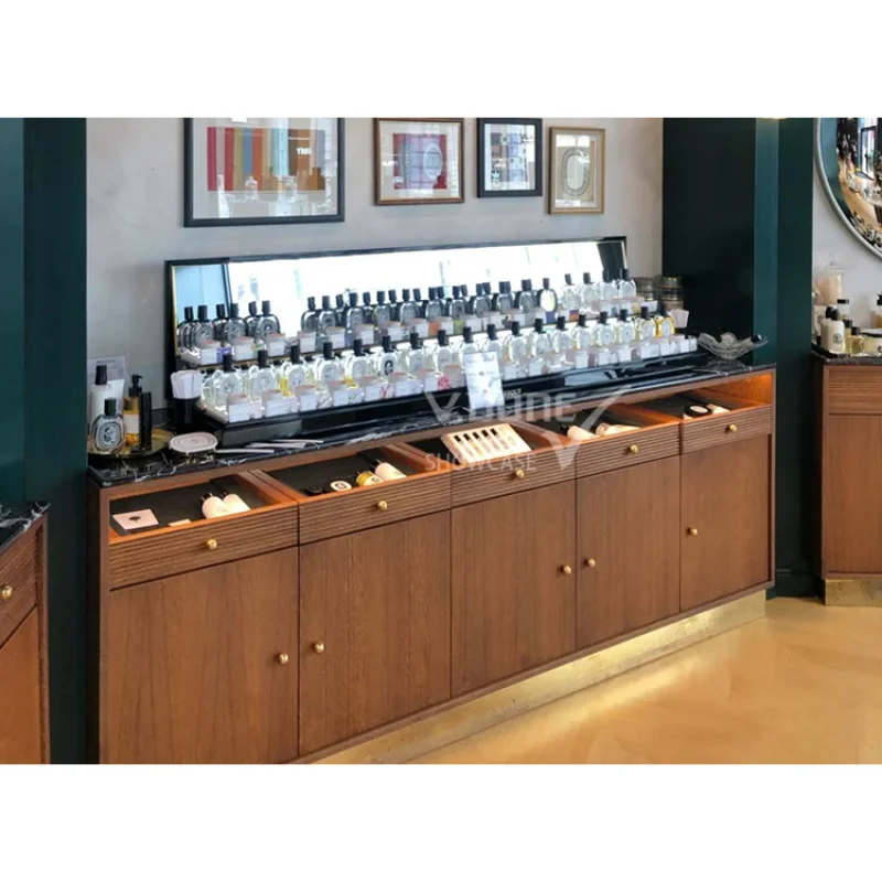 

Customize.Customize Perfume Store Shelf Rack Luxurious High End Perfume Glass Wood Counter Showcase Display Stands Shelves