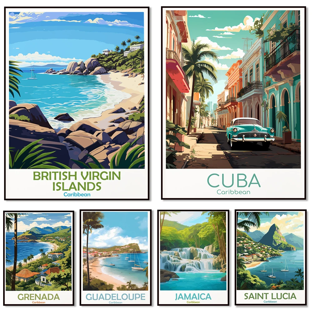 Cuba, Martínique, Jamaica, Guadalupe, Granada, Curacao, Anguilla, Antigua, Bonaire, Barbados, Dominica, Caribe cartel de viaje