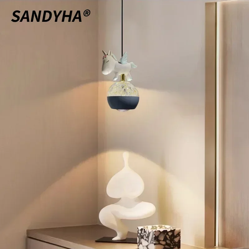 

SANDYHA Modern Pendant Lamp Cartoon Unicorn Ball LED Ceiling Chandelier for Children's Bedroom Study Home Decor Lighting Fixture