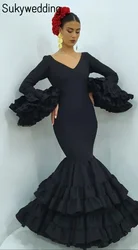 Black Mermaid Prom Occasion Dresses V neck Women Spanish Flamenco Style Long Sleeve Tiered Ruffles Mesh Evening Dress