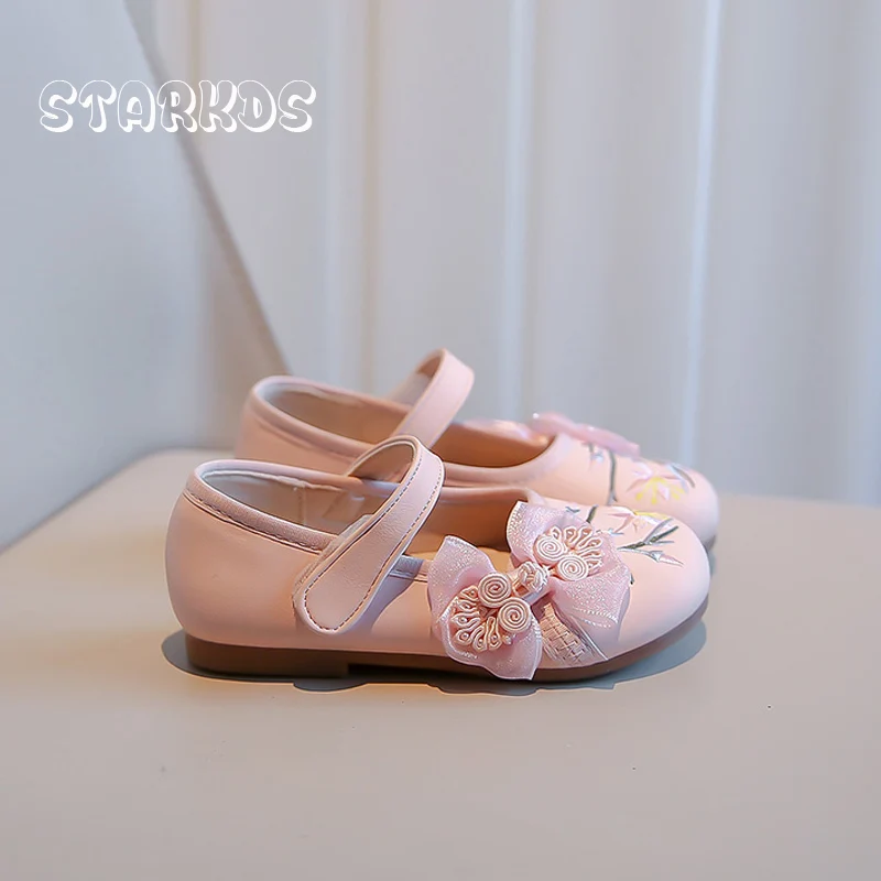 Chinoiserie Floral Embroider Ballet Flats Girls  Lace Bowknot Mary Jane Zapatos Kids Retro Hanfu Shoes In Pink Green Color