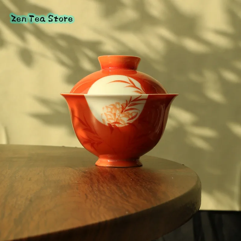 Maple Leaf Red Hand Painted Window Red Bamboo Cover Bowl Under Glaze Color Bamboo Creative Tea Space Tea Bowl