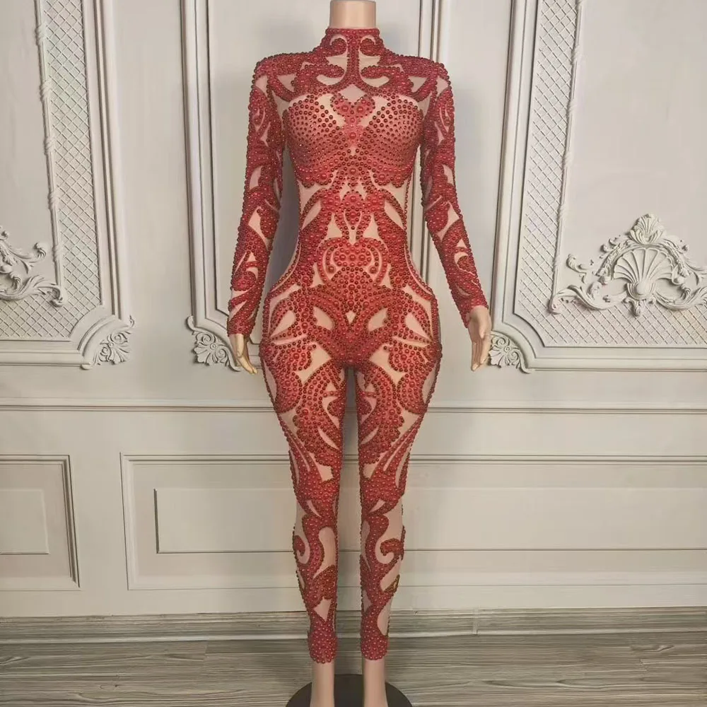 المرأة مثير المرحلة سباركلي الأحمر اللؤلؤ شاش شفاف بذلة عيد ميلاد احتفال صافي الغزل الزي المرأة راقصة التقطت الصور ارتداء