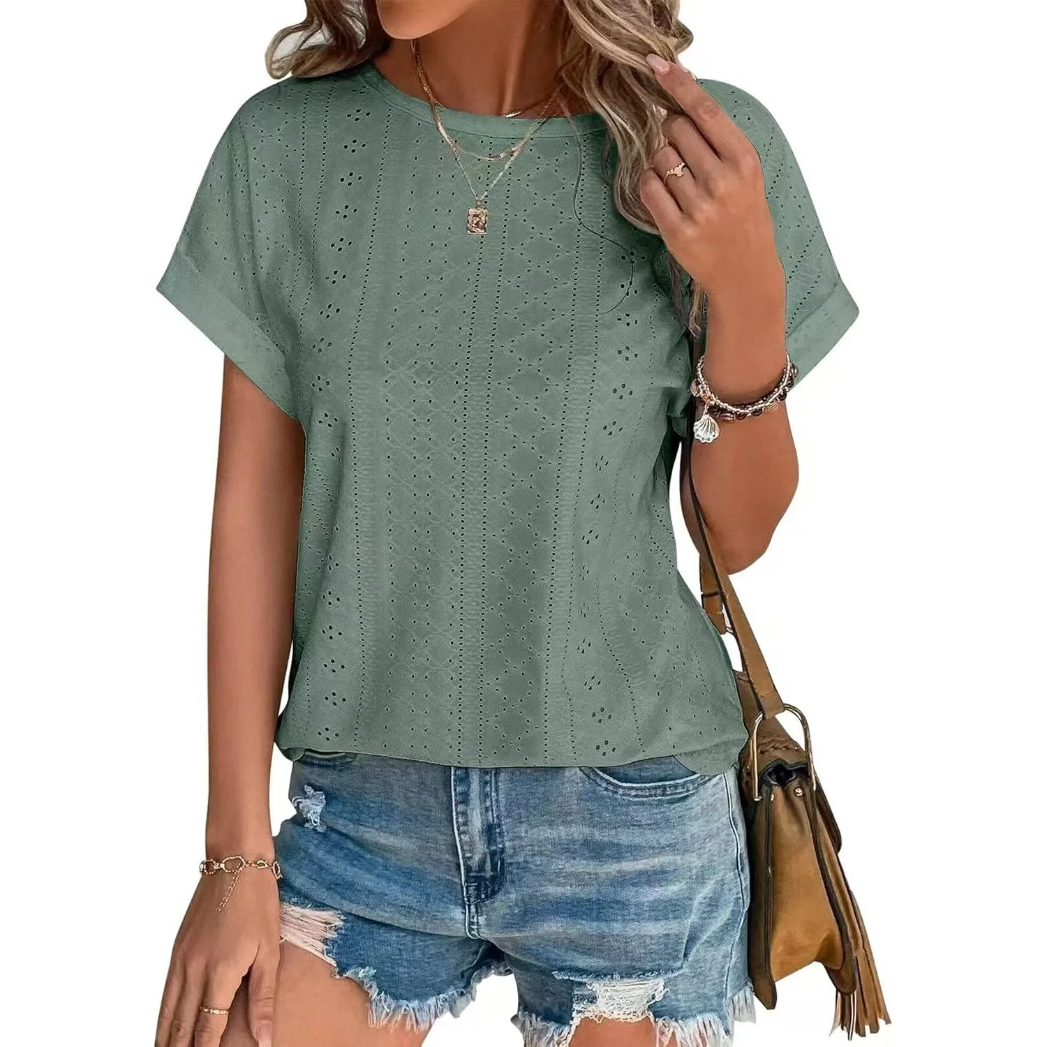Spring/summer 2025 ladies new solid color hollowed out blouse mesh regular sleeve casual short sleeve t-shirt