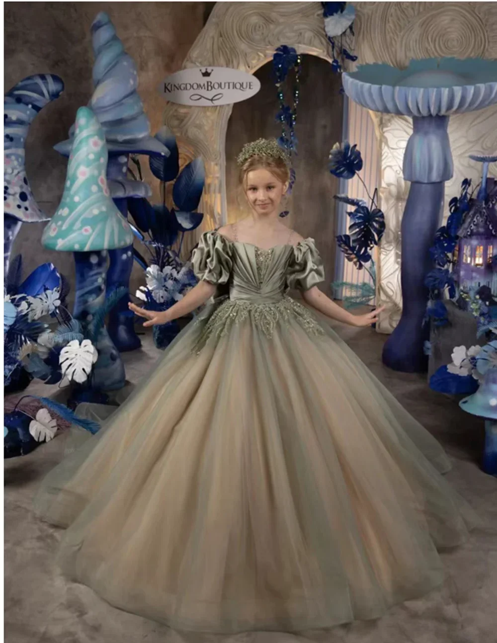 فستان فتاة الزهور مزين بالتول مخصص لحفلات الزفاف بأكمام قصيرة مزين بالترتر للأطفال وحفلات أعياد الميلاد الأولى فستاين سهرة/فساتين الحفلات