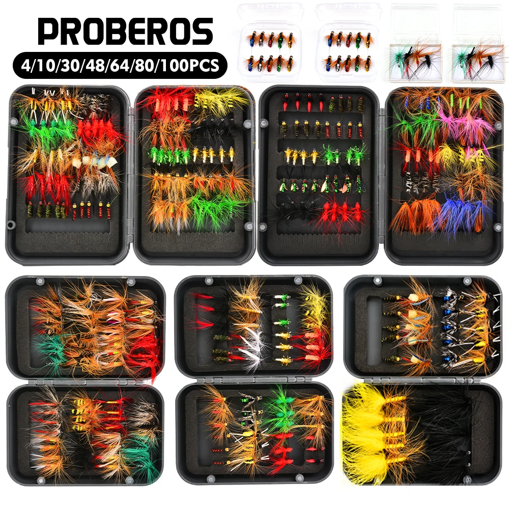 Proberos 4/10/30/48/64/88/100PCS Fly Fishing Assorted Flies 