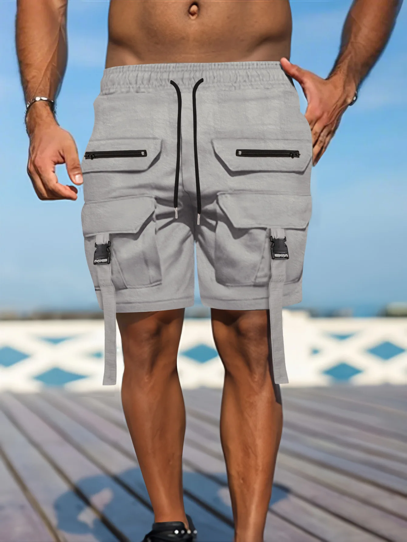 

2025 Summer Casual Pants for European and American Men with Multiple Pockets, Solid Color, Loose Fit, Five-Piece Style