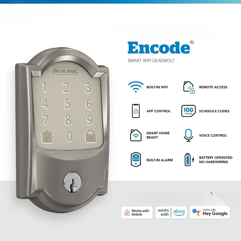 Schlage Encode Smart Wi-Fi Deadbolt with Camelot Trim in Satin Nickel