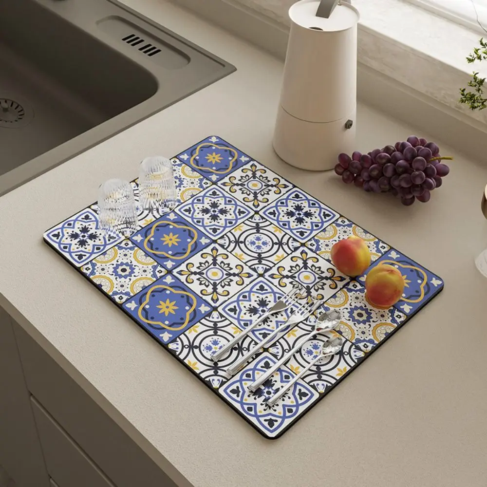 

Rectangle Kitchen Drain Pad Vintage Printed Dish Drying Mat Absorbent Baroque/Moroccan Style Tableware Placemat