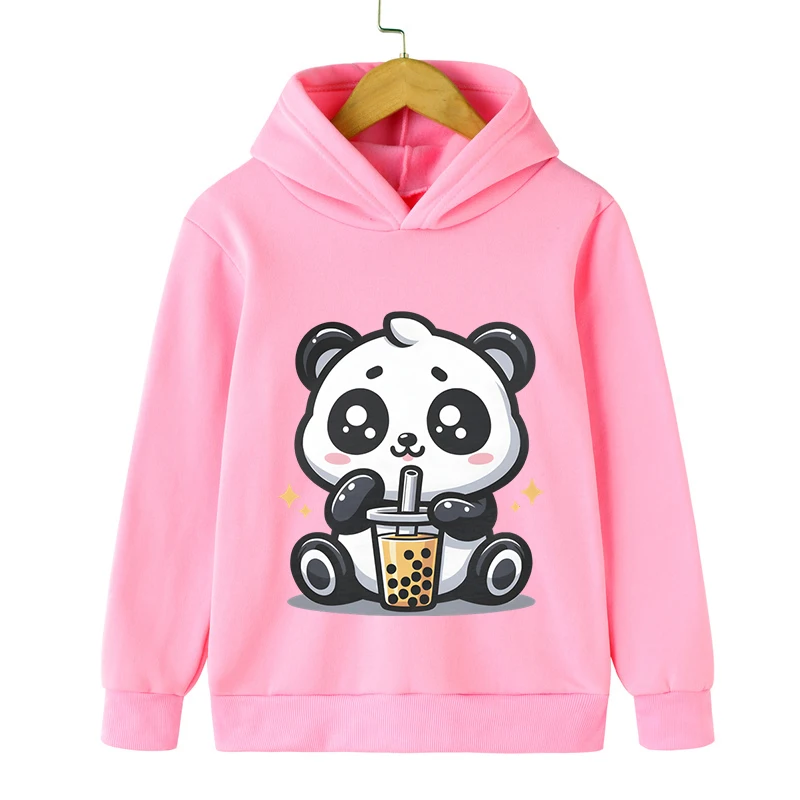 3-12 Years Old Children Panda Bubble Tea Hoodie Kids Cartoon Style Clothing Long Sleeve Cute Animal Bobo Tea Boy Girl Sweatshirt