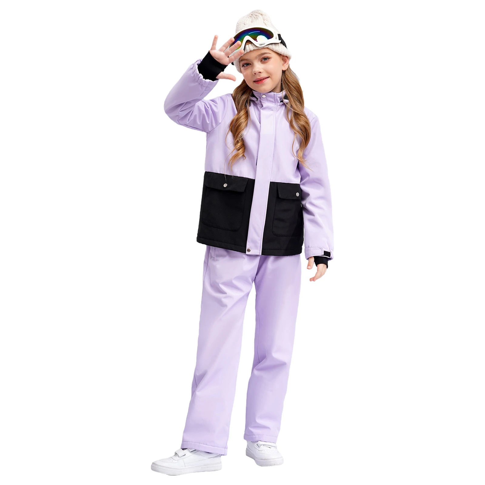 Children Girls Fleece Hoodie Ski Jacket and Pants Set Snowboarding Ski Suits Waterproof Windproof Winter Outdoor Overalls