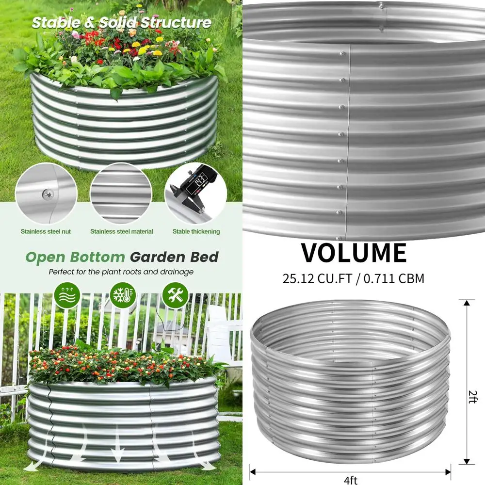 

Galvanized 4x4x2ft Raised Garden Bed, Round Outdoor Metal Planter, Large Vegetable Garden Boxes, Silver