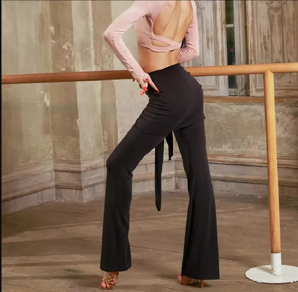 Latin Dance Bell-Bottomed Pants Black Long Professional Stage Performance Dance Wear Cha Cha Samba Rumba Trousers for Women