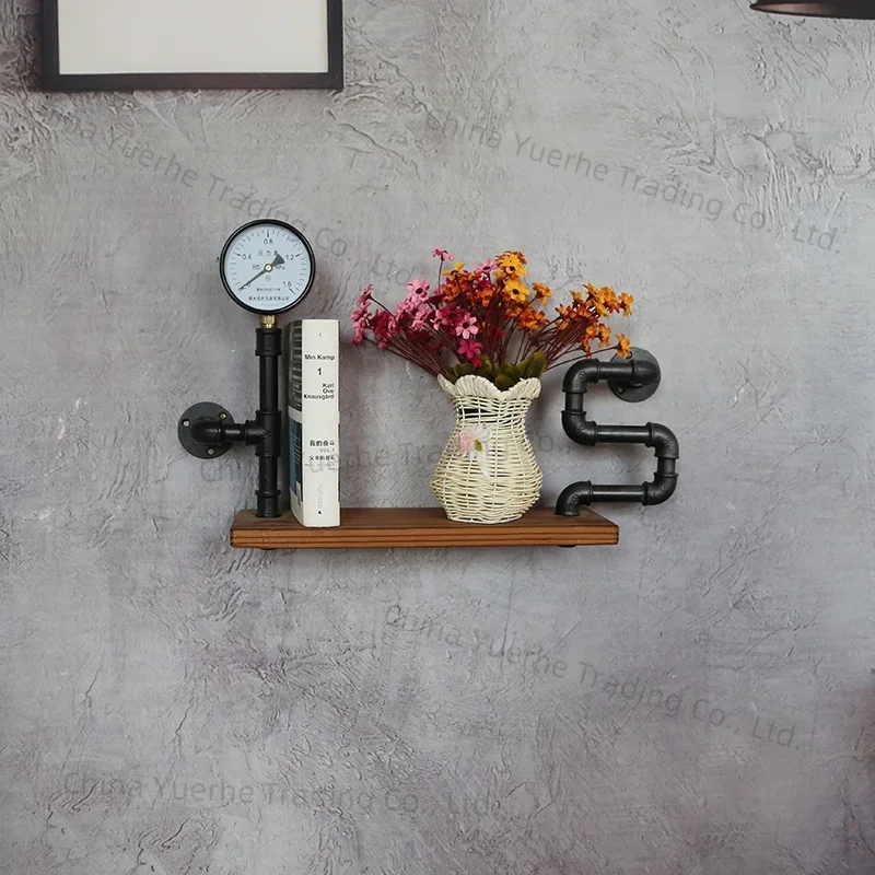

Retro solid wood bookshelf wrought iron shelf wall hanging wall water pipe rack