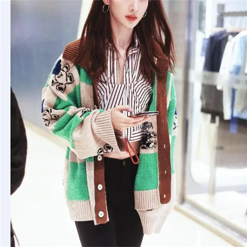 Winter Bear Knitted Cardigan Women Korean Fashion Single Breasted Polo Neck Green Plaid Patchwork Thicken Sweater Coat Sueters