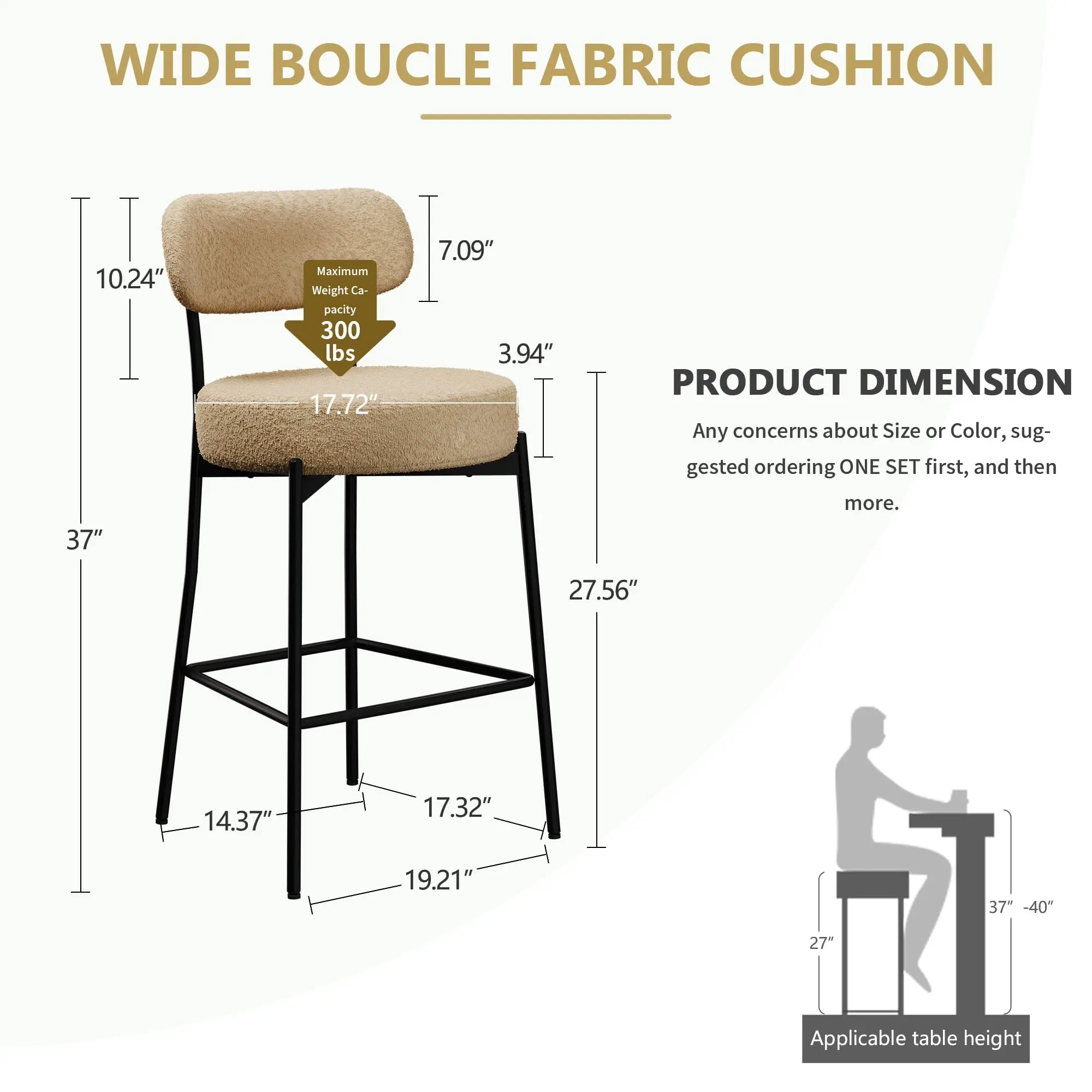 Bar Stools Set of 6,Beige 28 Inches Boucle Counter Height Bar Stools with Back & Metal Legs, Modern Upholstered Metal Tall