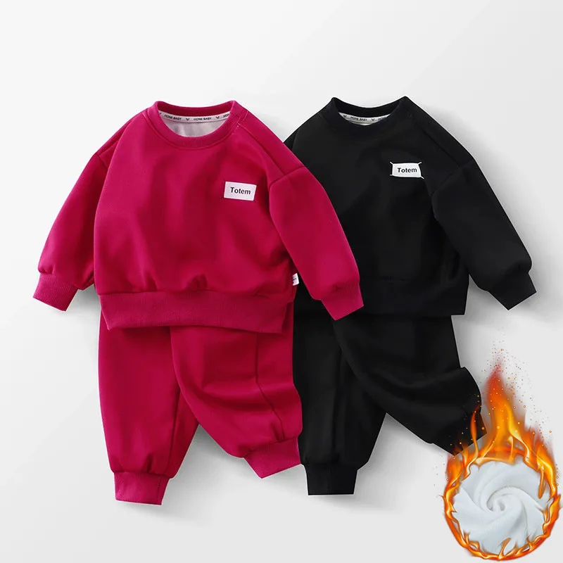 

Boys Girls Thicken Sets Winter Fleece Suit Autumn Warm Sweatshirt Pants 2Pcs Kids Fashion Sports Outfits New Casual Clothes