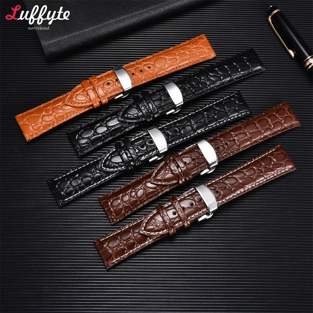 Business Casual Black Brown Leather Watch Band Strap with Butterfly Clasp Buckle Crocodile Pattern Bracelet 18mm 20mm 22mm 24mm