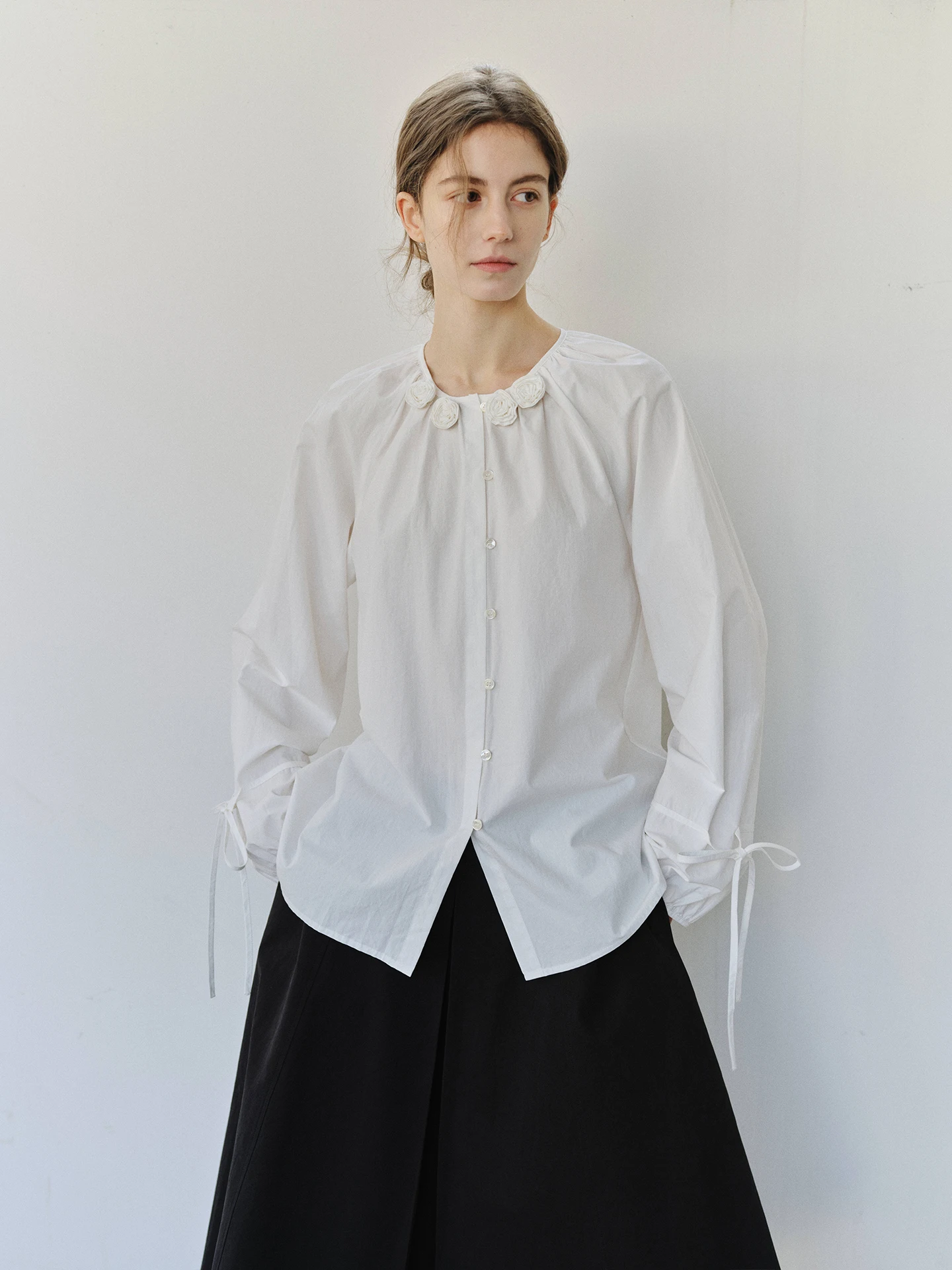 

Женская хлопковая блузка Cui White с 3D-цветами, длинными рукавами-фонариками, круглым вырезом, на пуговицах, с цветочным принтом, весна-осень, повседневная