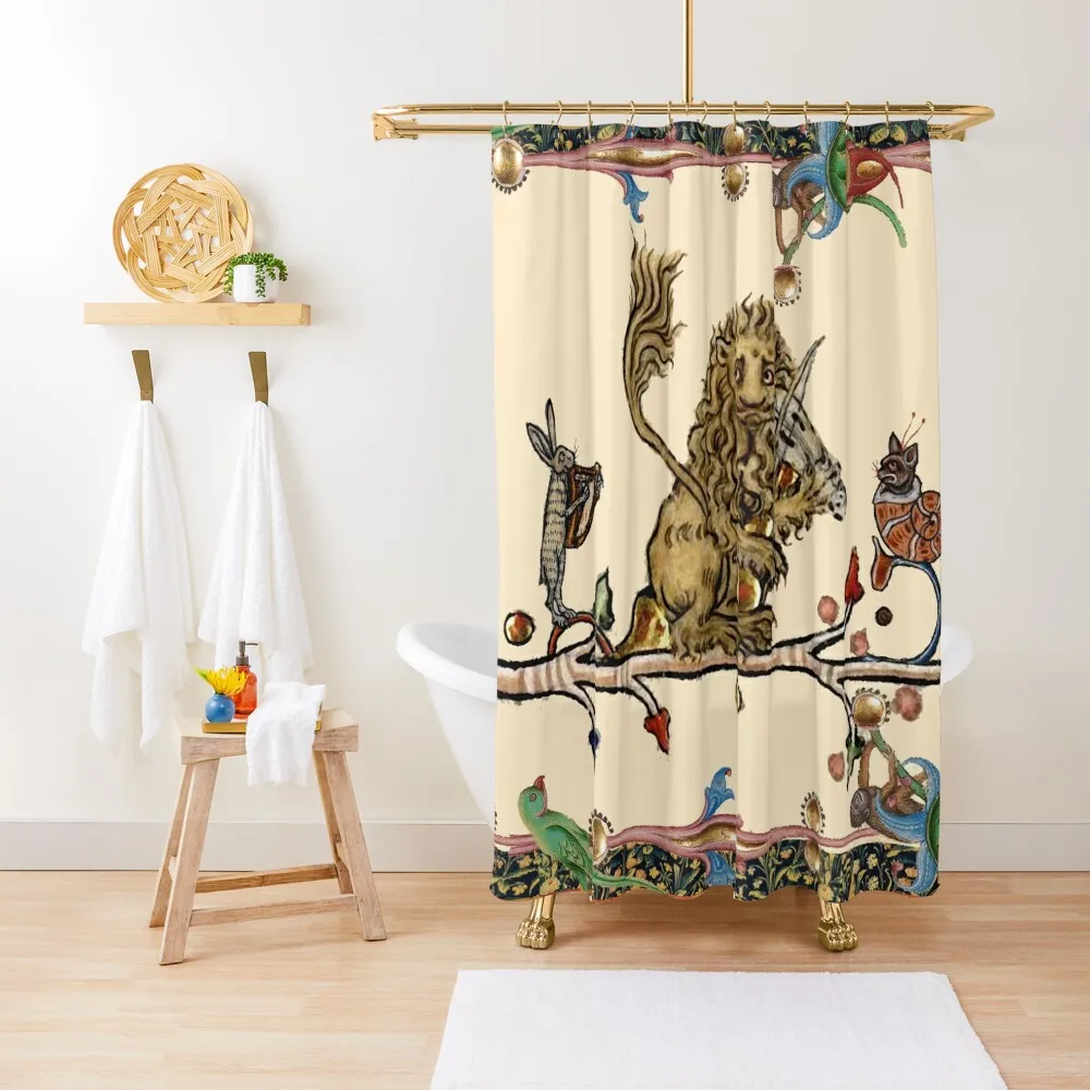 WEIRD MEDIEVAL BESTIARY MAKING MUSIC Violinist Lion,Hare And Snail Cat Shower Curtain Modern Bathroom Accessories Curtain