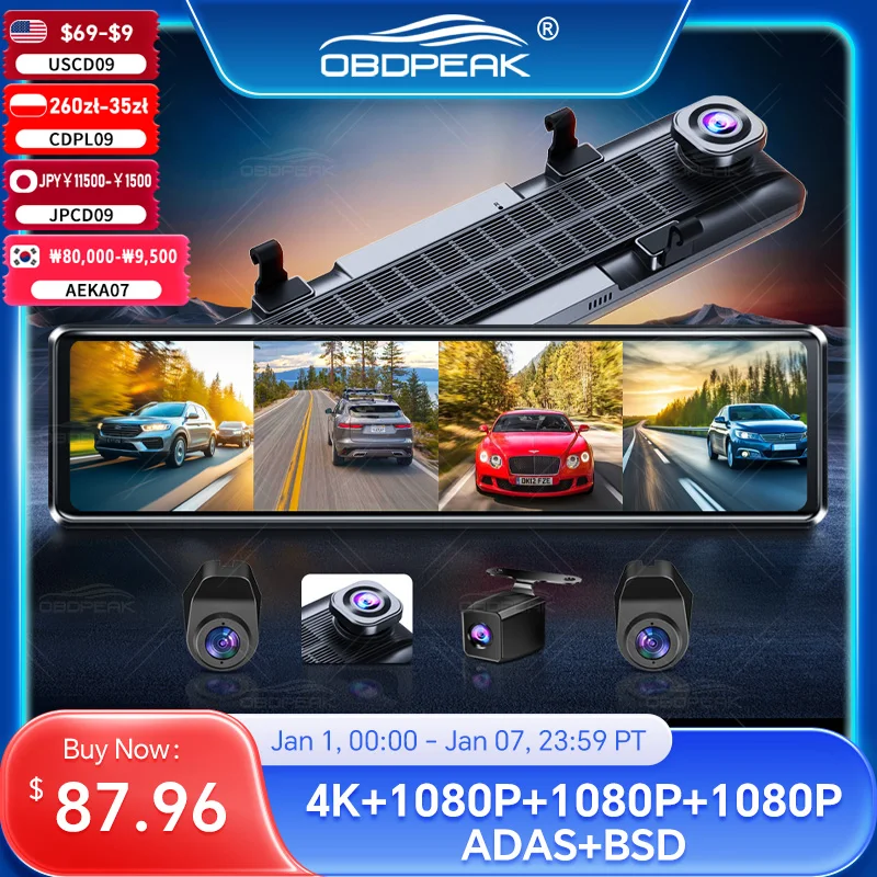 OBDPEAK 4K Dash Cam A8 4-Channel Record 1080P ADAS BSD Car DVR WIFI APP Rear View Mirror Auto Video Camera Ultra HD 24H Parking
