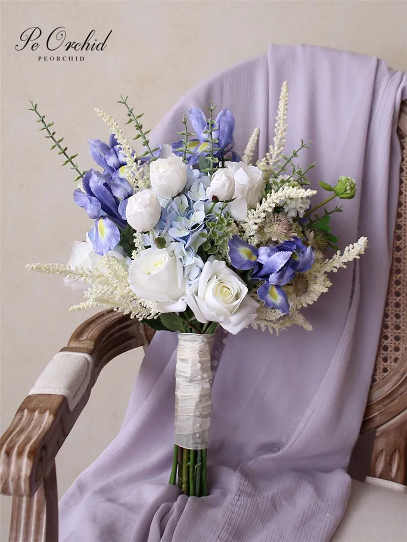 PEORCHID Beach Blue Flower 신부 부케 Da Sposa 인공 장미 수국 화이트 웨딩 부케 신부용, 라모스 드 노비