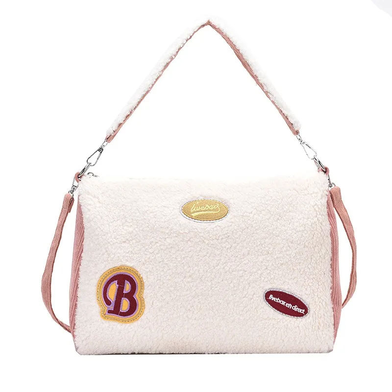 Bolso de hombro de felpa de gran capacidad para mujer, bolsa cruzada con cremallera bordada, diseño de moda, informal, para ir de compras, novedad