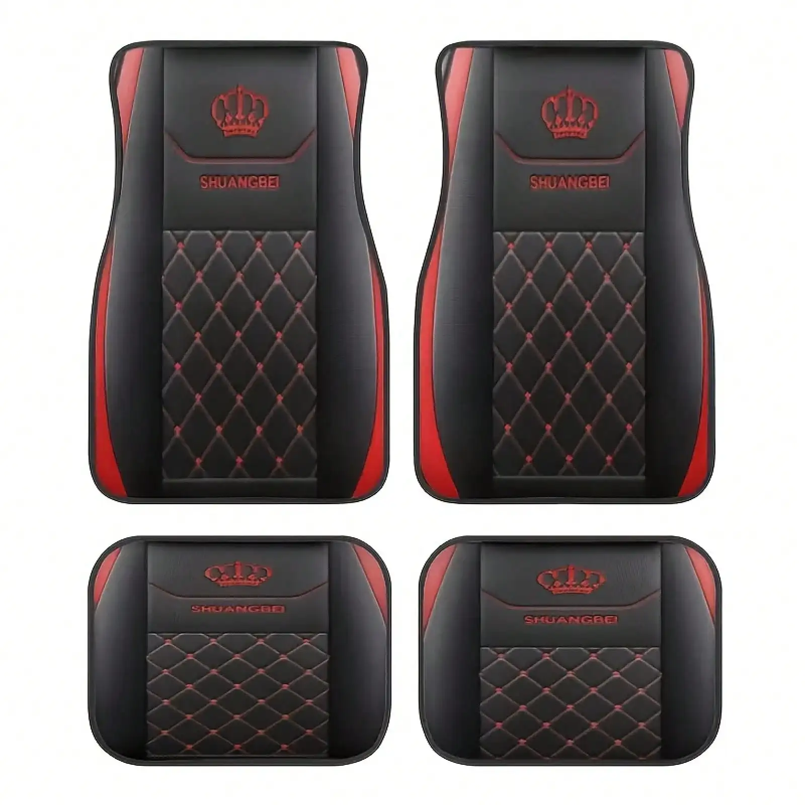 4-Piece Red Grid Car Carpet with Crown Pattern, Non-Slip All-Season Mat for All Car Models, Easy to Clean 3