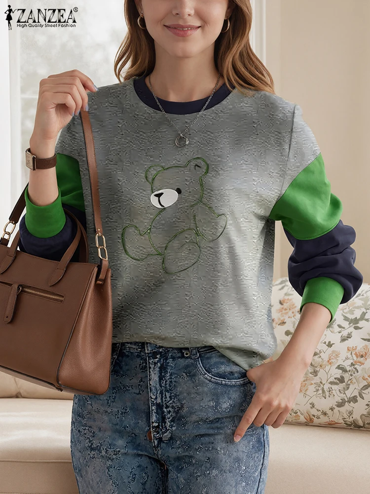 

Женские осенние толстовки размера плюс 5XL ZANZEA, модный джемпер с круглым вырезом 2025, повседневный вязаный топ с длинными рукавами, пуловер с вышивкой медведя