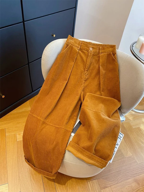 

Широкие брюки из вельвета больших размеров с высокой талией, оранжевые, повседневные, для полных женщин, весна-осень, модные