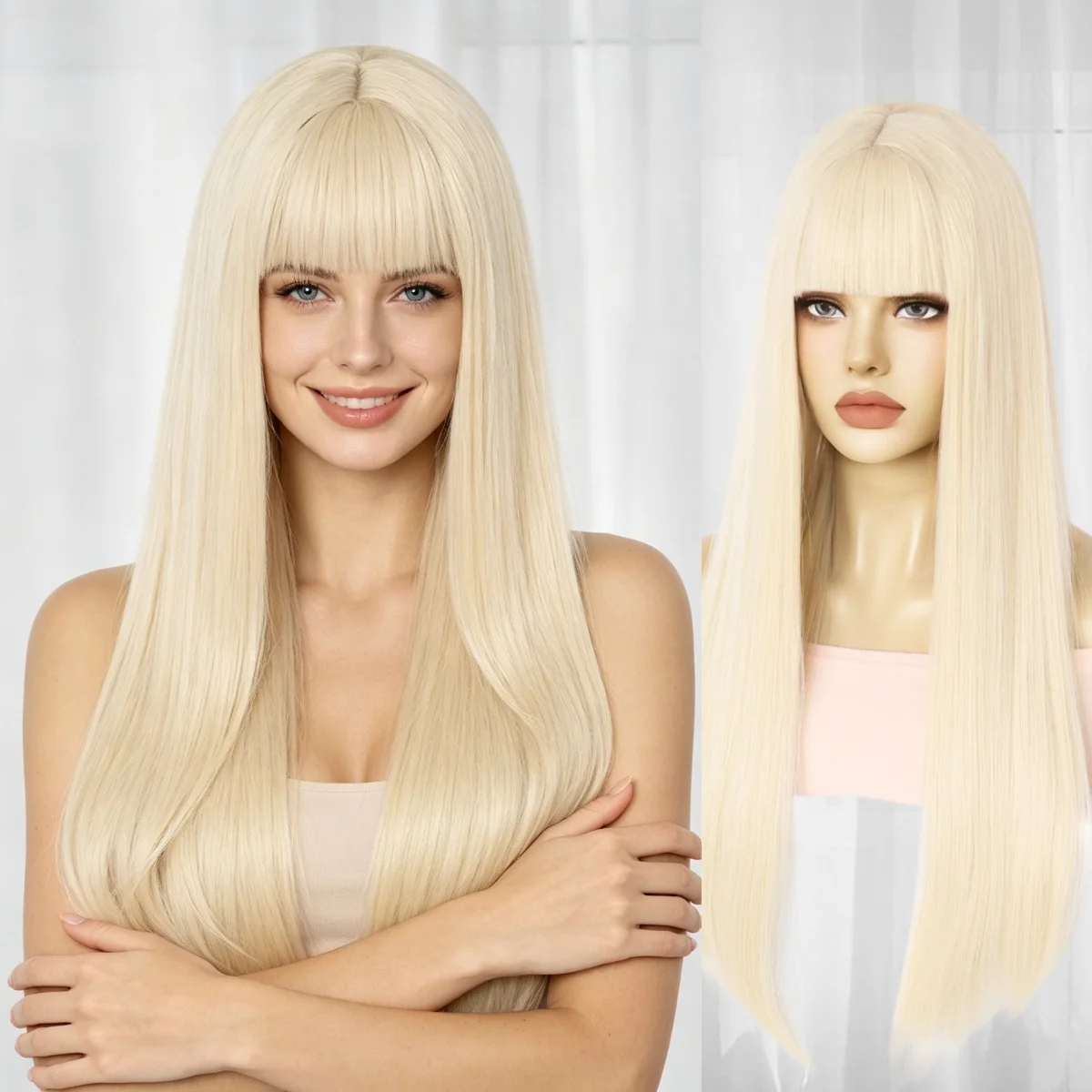 

Platinum Blonde Long Straight Synthetic Wig With Bangs Natural Heat Resistant Fiber Full Head Wig For Women Daily Wear