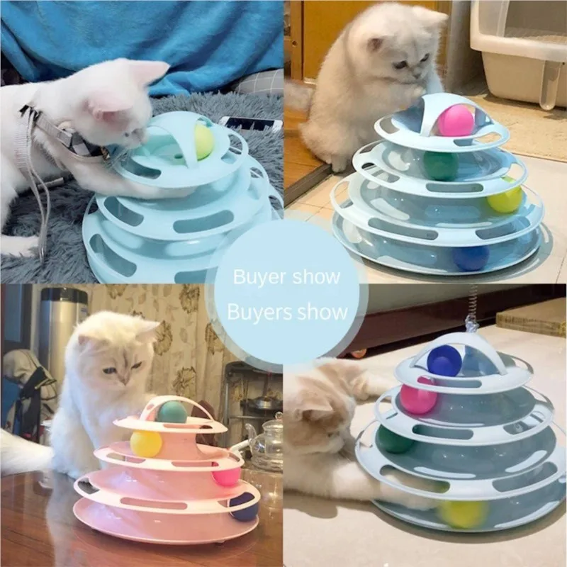 4 Levels turnable Toys for cats accessories Tower Tracks with balls cat toy Interactive Intelligence Training with fun cat stick