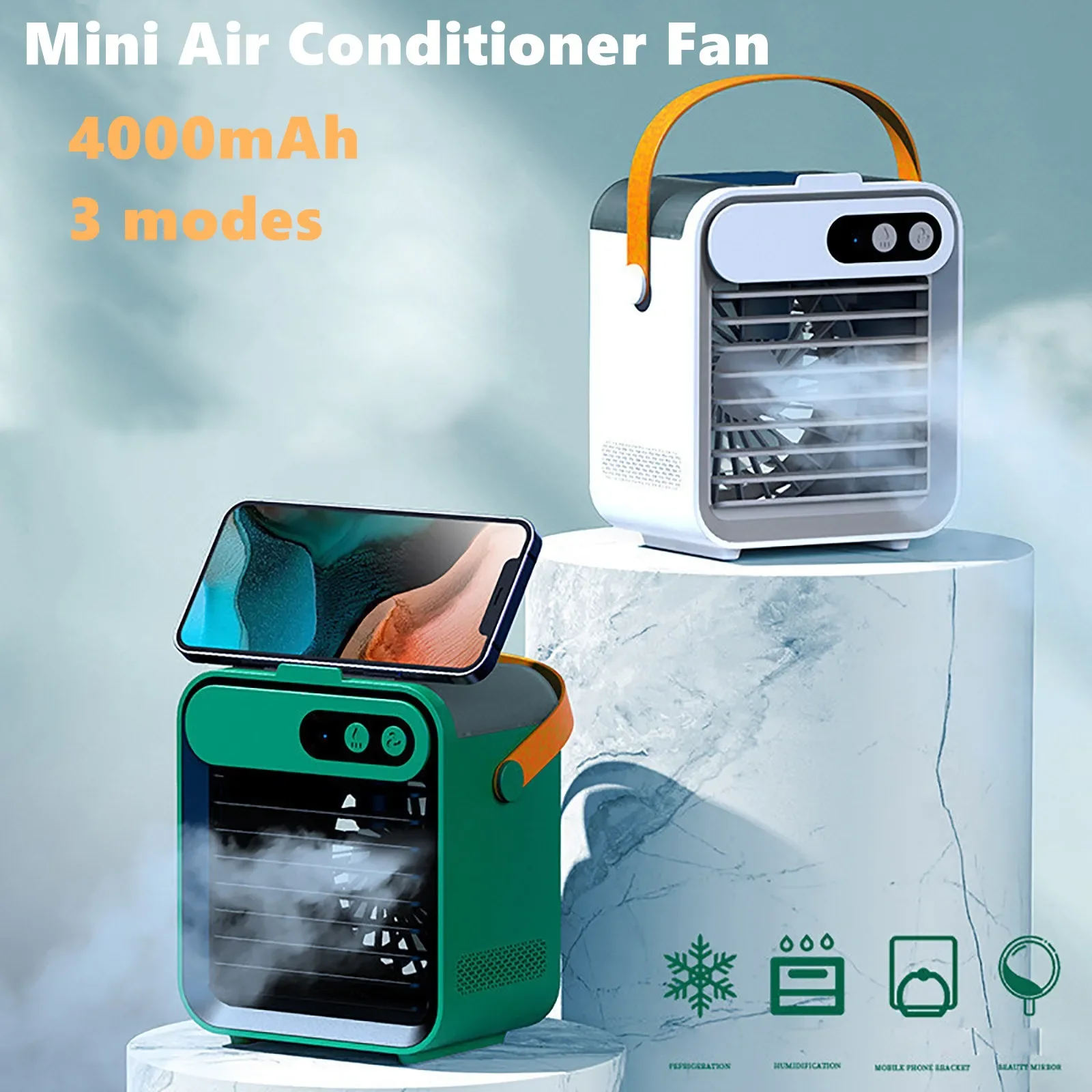 Mini Air Conditioner Fan Home 3 Modes Small Air Cooler Outdoor Portable Air Cooler Spray Fan with Mobile Phone Holder Mirror