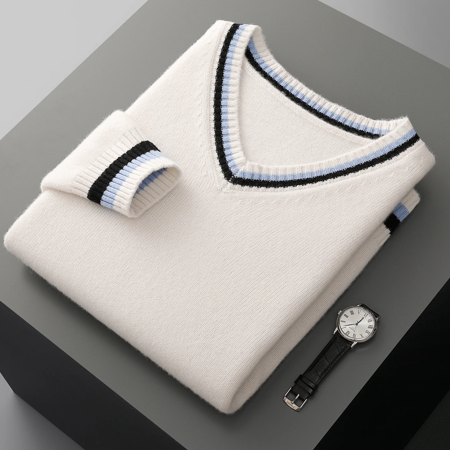 

Новый мужской вязаный утолщенный пуловер в стиле Solor, свитер из 100% мериносовой шерсти с v-образным вырезом, деловые повседневные теплые топы высокого качества