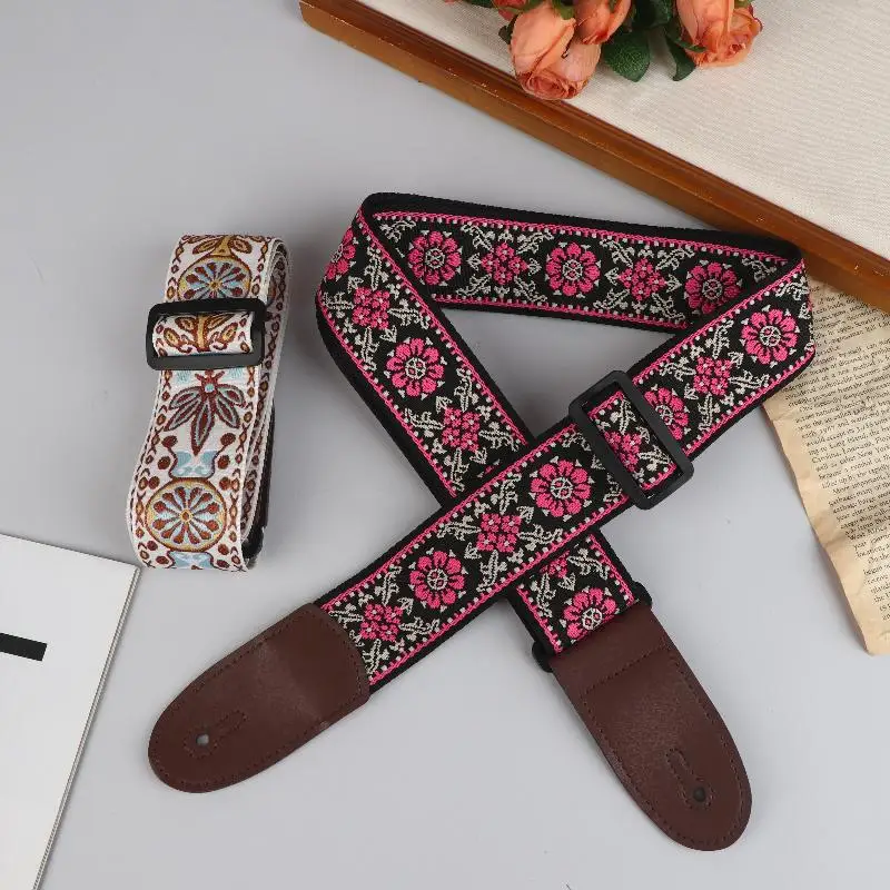 Hot Sale Guitar Strap Bass Cotton Leather Embroidery Straps Adjustable Neck Strap Electric Acoustic Guitar Bass Accessories