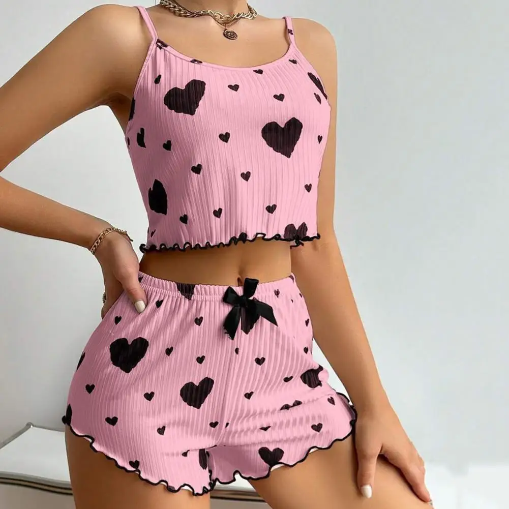 

2 Pcs/Set Women Summer Pajamas Suit Adjustable Strap Sleeveless Heart Print Crop Top High Waist Shorts Bedroom Sleepwear Set