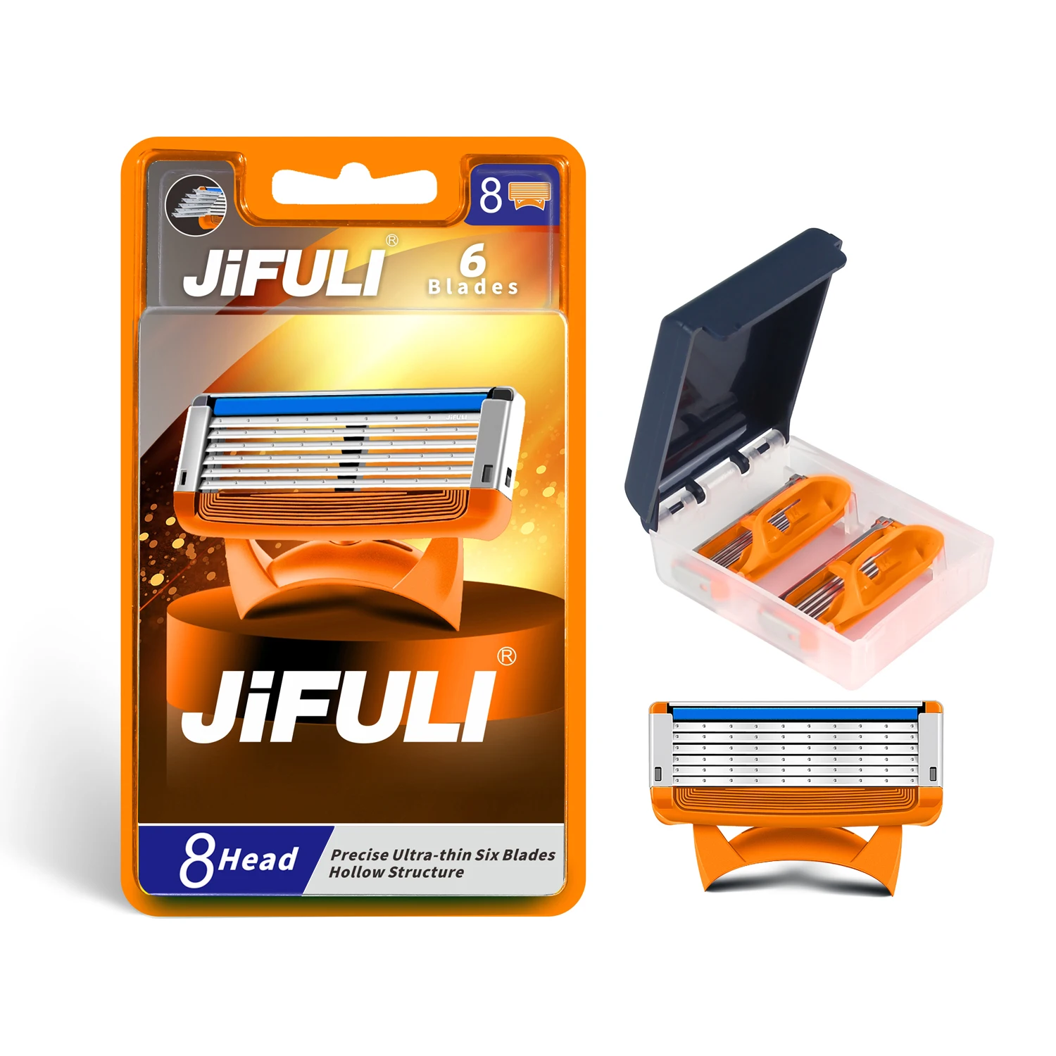 JiFULI (8 Uds. Cuchilla de afeitar de seguridad para hombres de alta calidad, cuchillas de afeitar de 6 capas, cabezal de afeitadora de repuesto de acero inoxidable alemán