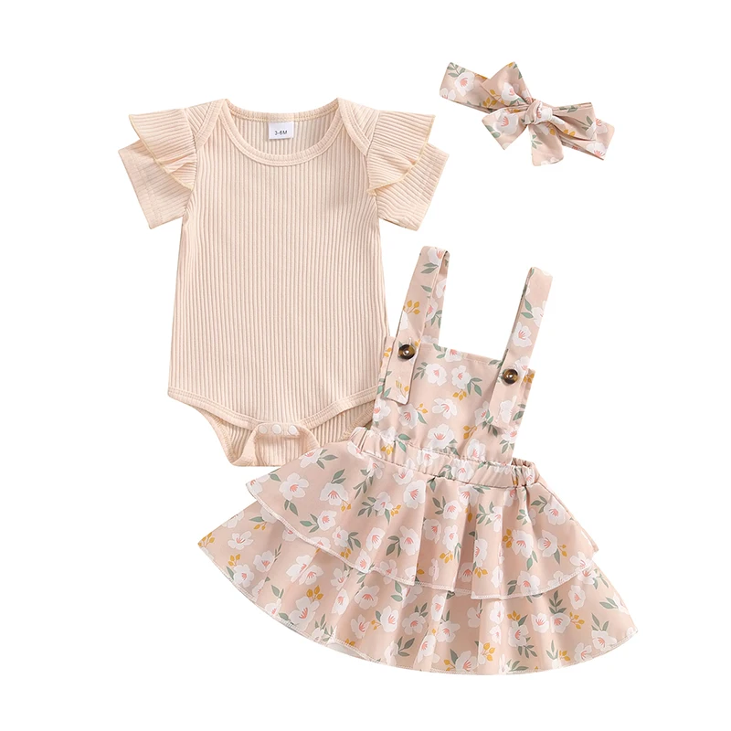 

Baby Girl Cute Summer Set Short Sleeve Ribbed Romper Daisy Print Suspender Skirt Headband Infant 3 Piece Outfits