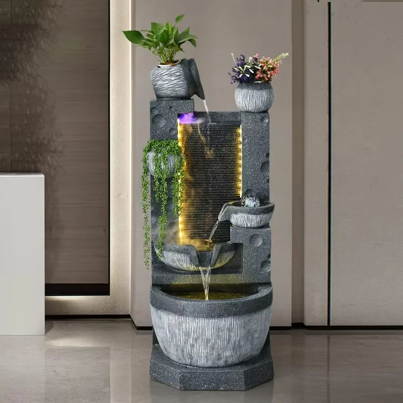European-style Large Outdoor Fountain with Lighting Garden Decorations Stone Ornaments and Waterfall