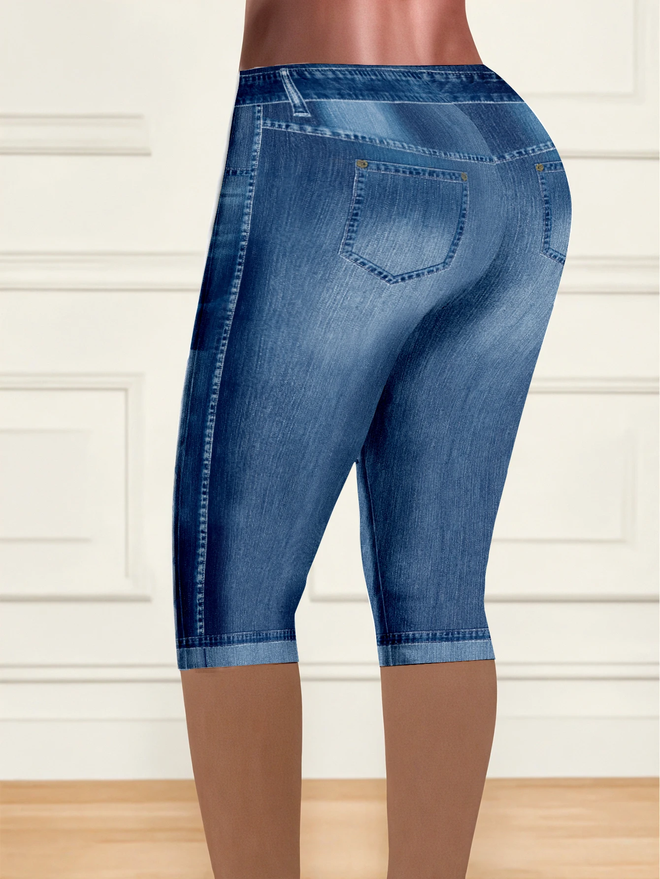 Plus Size High Waist Capri Jeggings, Double Button Cuffed Slim Fit Stretchy Pants, Faux Denim 3/4 Leggings for Curvy Women