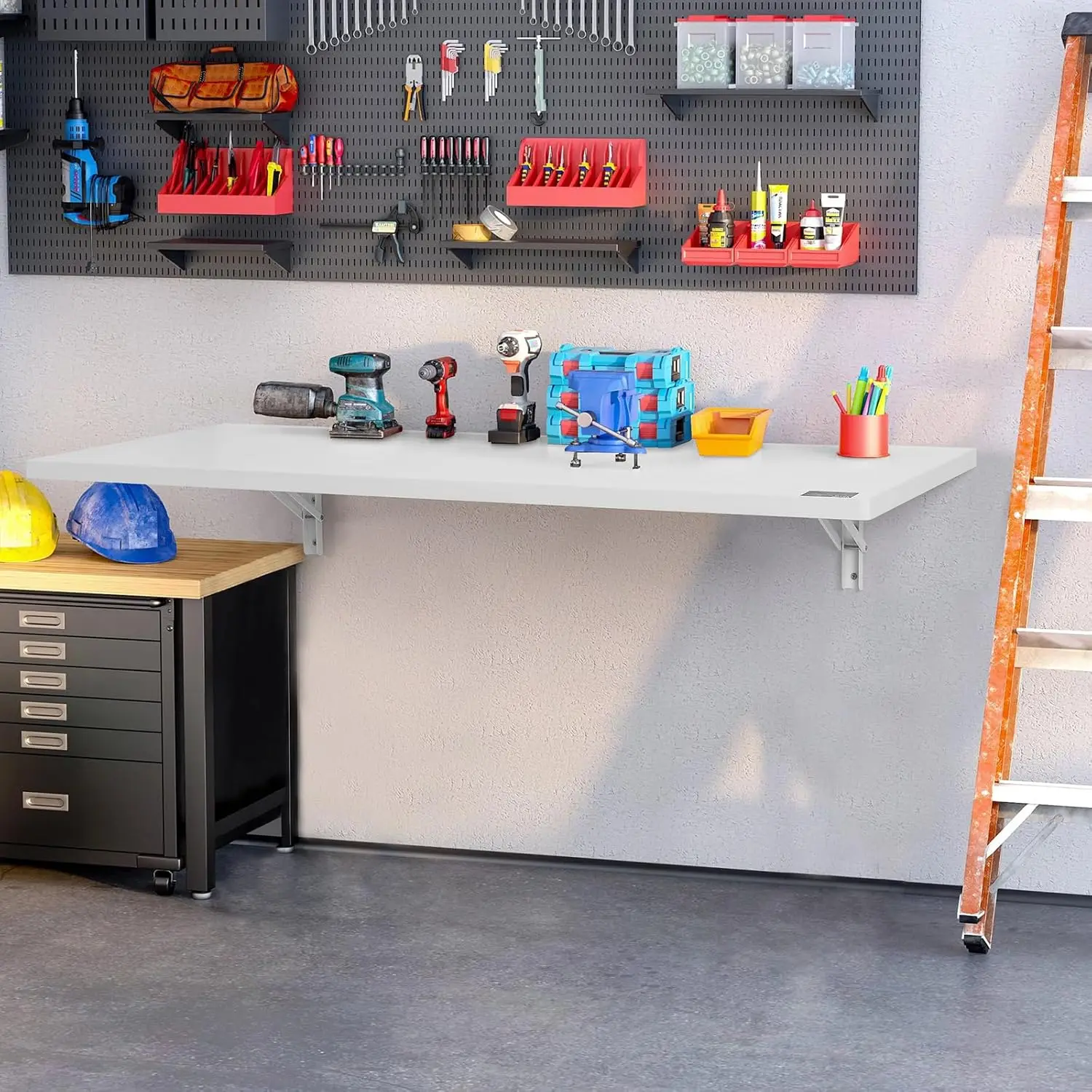 壁掛け折りたたみテーブル、47.24インチ x 19.69インチの壁掛けドロップリーフテーブル、アイアンブラケット付きフローティングデスク、折りたたみデスク