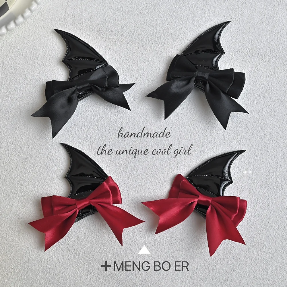 

2Pcs Gothic Punk Bat Wing Bow Hair Clips Black Red Satin Hair Barrettes for Women Alternative Hair Accessories