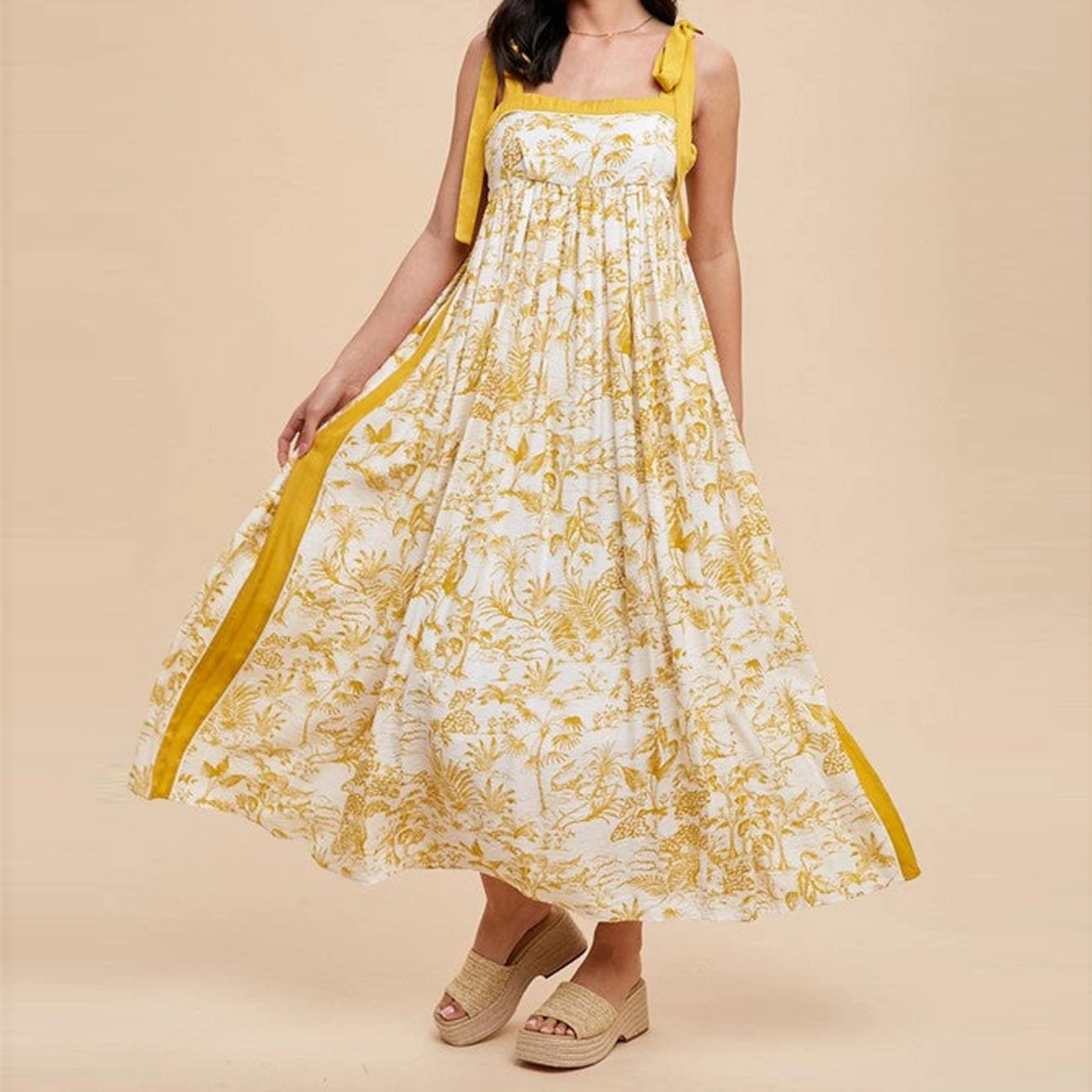 Women Sleeveless Wide Shoulder Straps Tied Plants Print Contrast Color Summer A-line Tank Long Dress for Daily Party