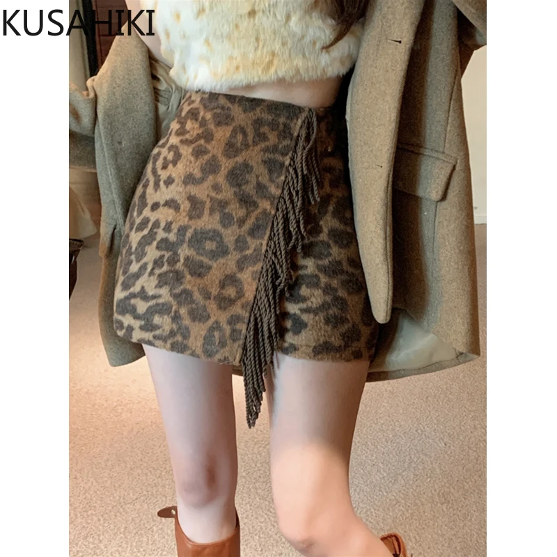 KUSAHIKI Winter Spicy Girl Leopard Retro Tassel Woolen A-line High Waist Skirt Women's Slim Fashionable Short Half Length Skirts